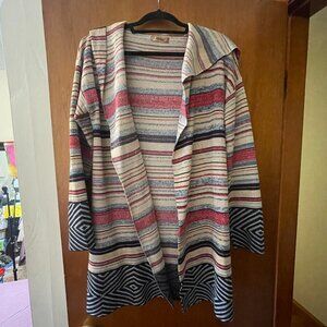 Janice Hooded Open Cardigan Sweater Multi Colored Stripes and Blue - One Size